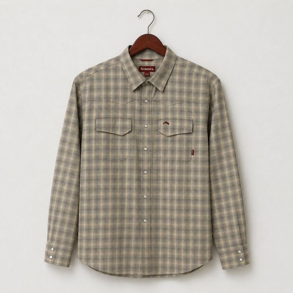 Simms Big Sky Shirt Mens Large Gray Plaid Pearl Snap Vented Fly Fishing